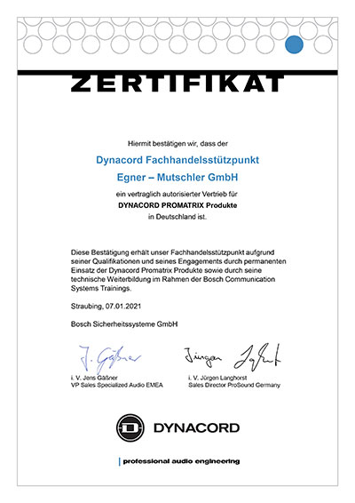 Zertifikat Dynacord Egner Mutschler GmbH Beschallungstechnik